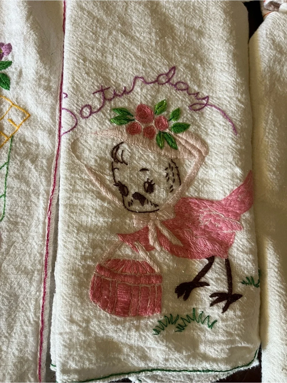 Bird Days of the Week Flour Sack Towels Embroidered Vintage